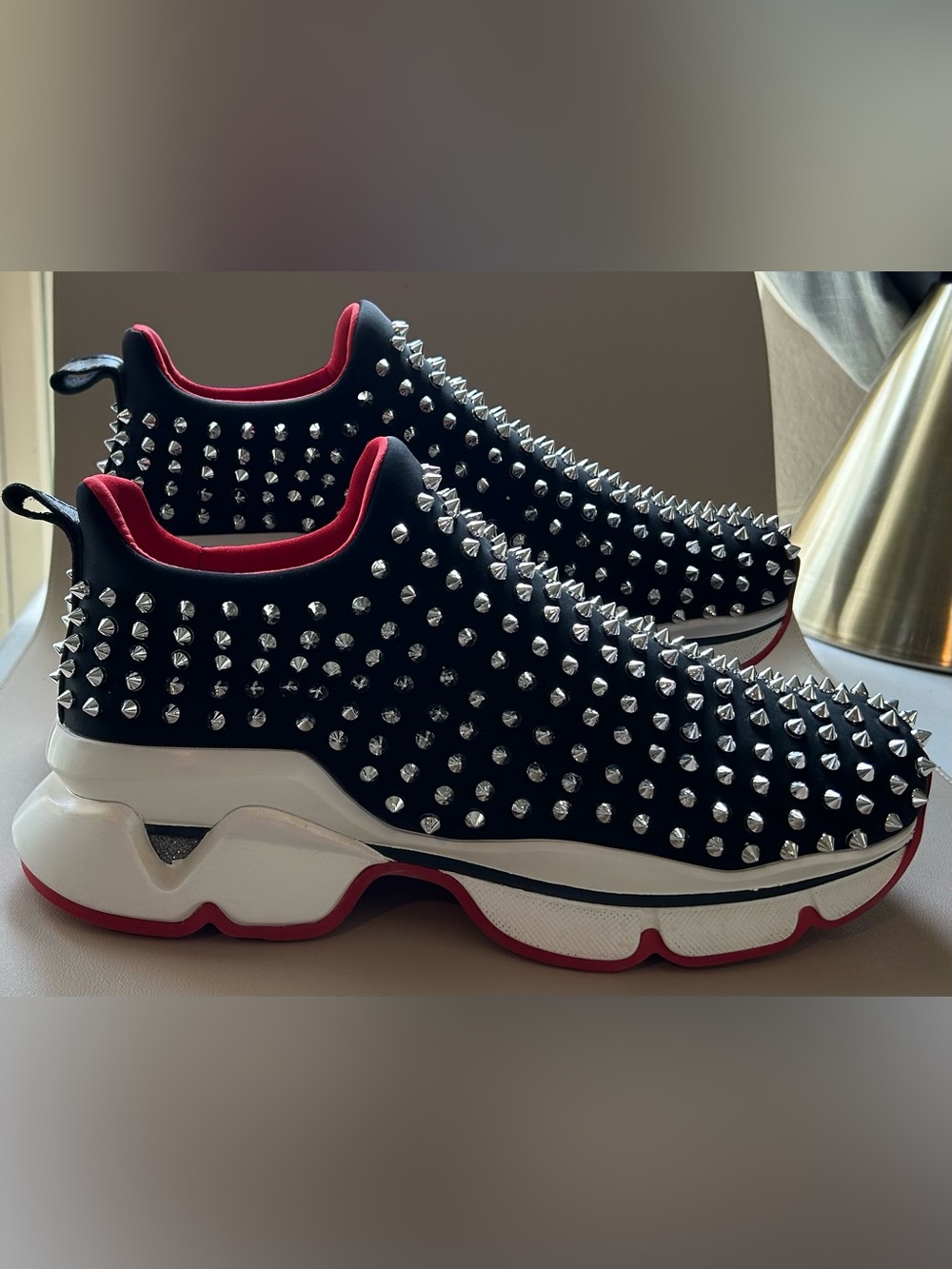 Christian Louboutin Men Sz11/Women Sz13/14 Spike Sock Donna Sneakers BlkRedWhite